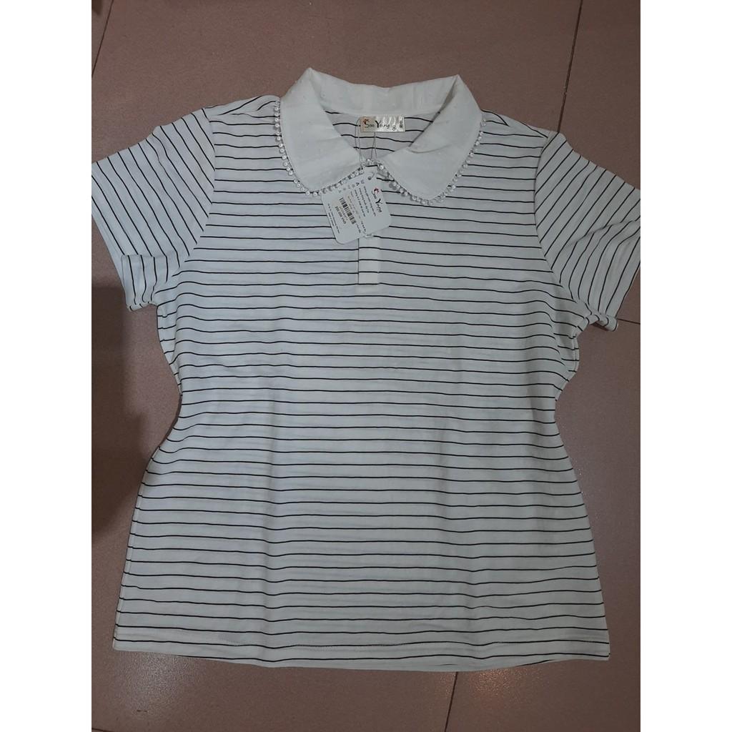 Áo thun kẻ Polo cổ sen phối tay ngắn-Sooyoung