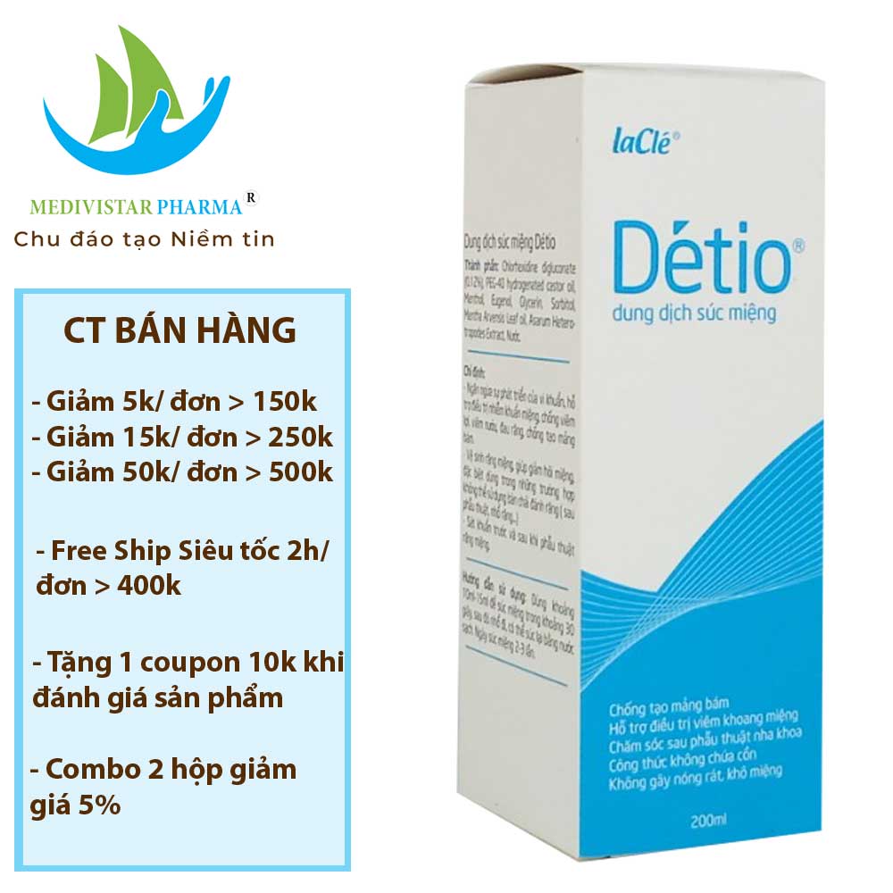 Combo 3 Hộp Nước Súc Miệng DETIO Công Nghệ Pháp Sử Dụng Cho Người Hôi Miệng, Chảy Máu Chân Răng, Giúp Vệ Sinh Răng Miệng, Chống Tạo Mảng Bám Chai 200ml