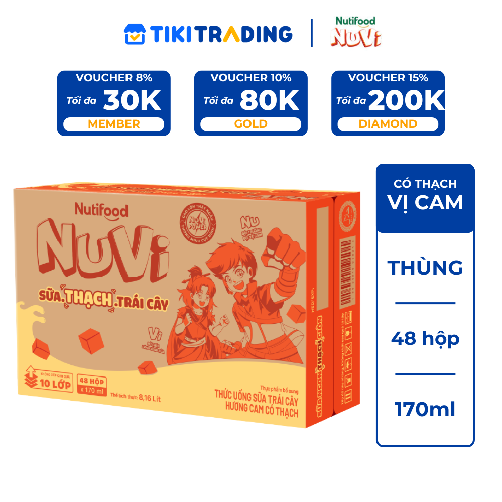 Thùng 48 hộp Sữa Chua Uống Có Thạch Nuvi Vị Cam 170ml - Tăng Chiều Cao, Mắt Sáng