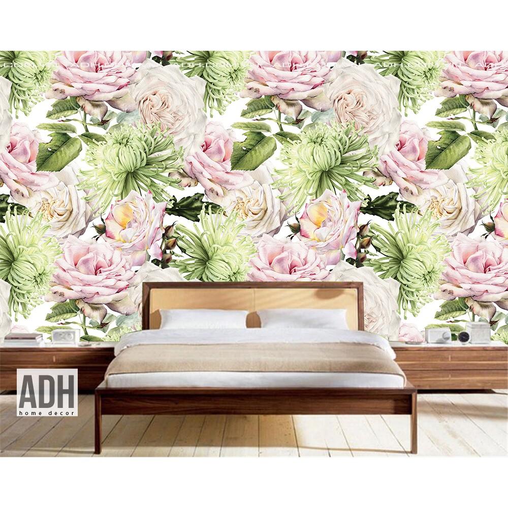 Decal dán tường hoa hồng trắng và lá ADH191016