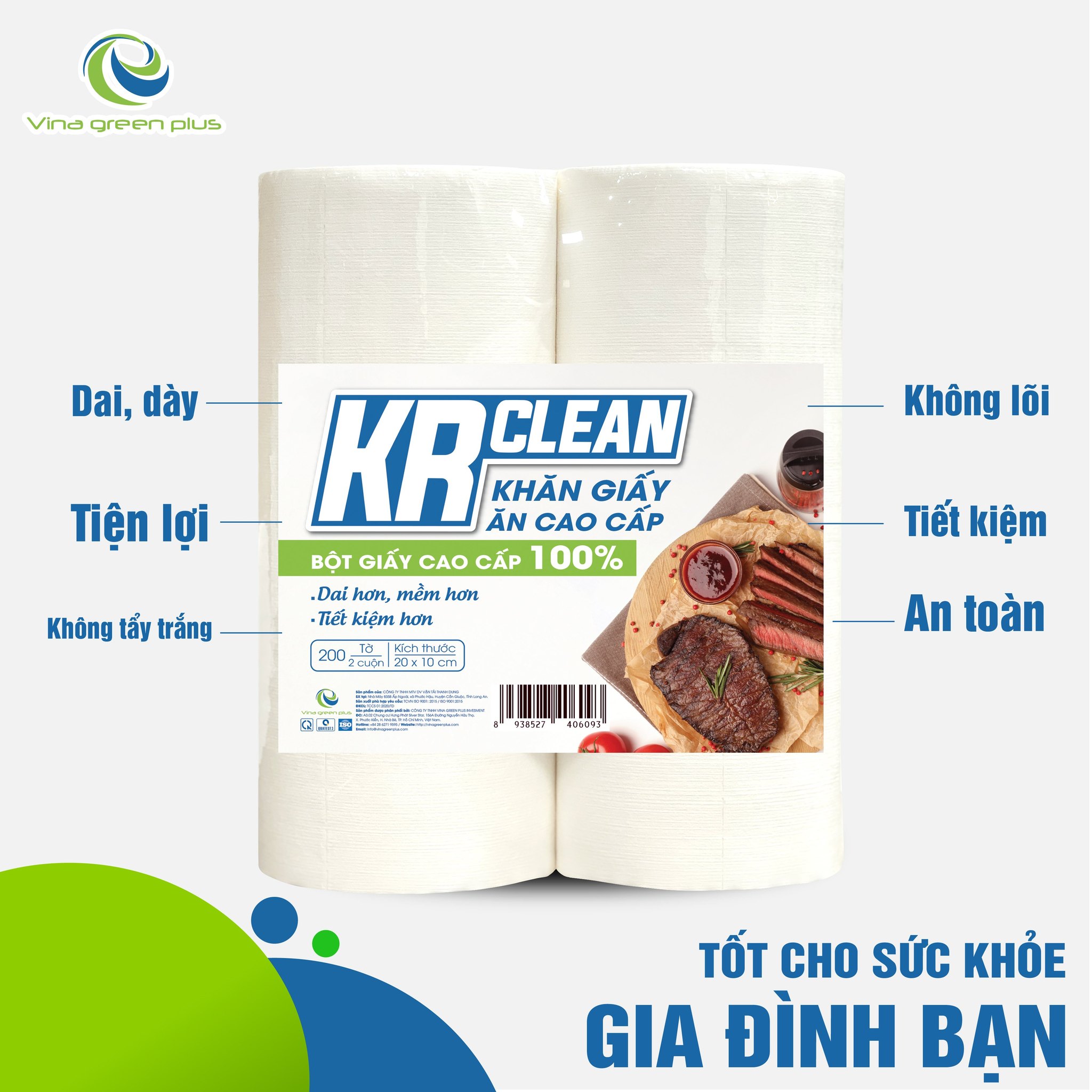 Khăn Giấy Ăn Cao Cấp KRClean 2 cuộn- 100 Tờ/ Cuộn - Siêu Mịn/Siêu Mềm