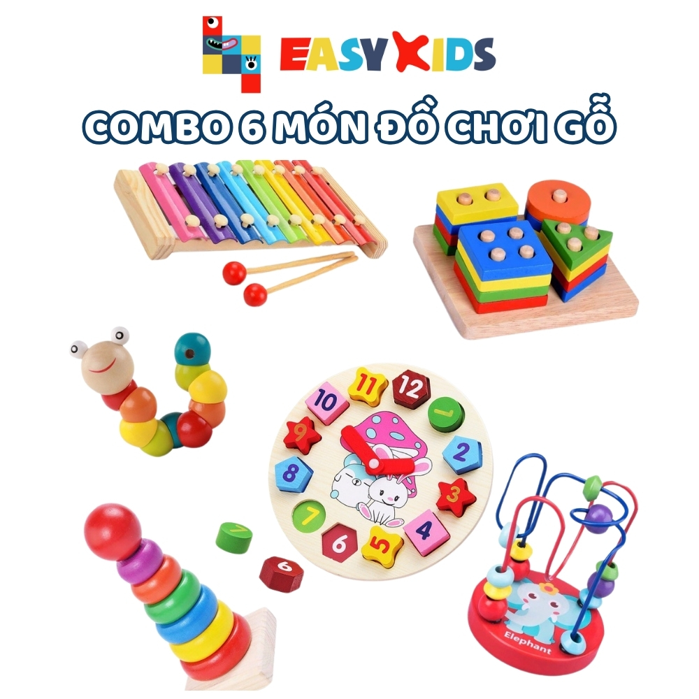 Combo 6 Món Đồ Chơi Gỗ Cho Bé Gỗ Gồm Đàn Gỗ, Luồn Hạt, Sâu Gỗ, Thả Hình, Đồng Hồ Và Tháp Cầu Vồng