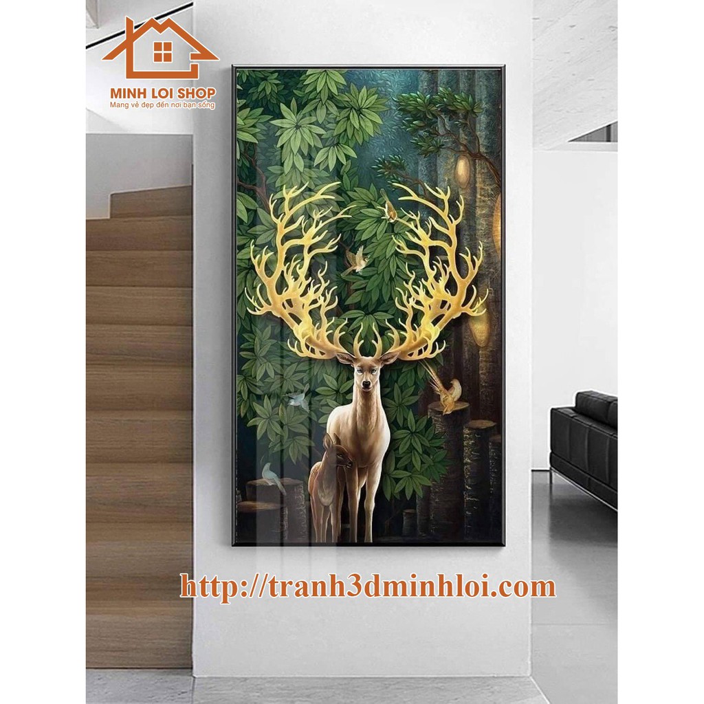 Tranh tráng gương cao cấp treo tường Hươu Tài Lộc trang trí phòng khách TẶNG KÈM ĐINH TREO