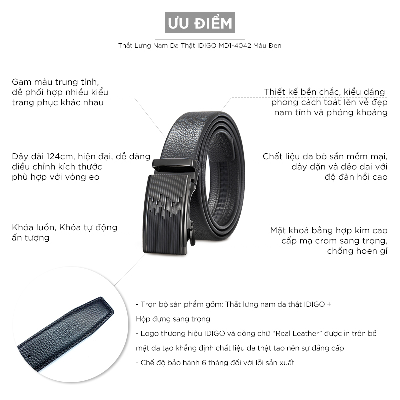 Thắt Lưng Nam Da Thật IDIGO MD1-4042 Màu Đen