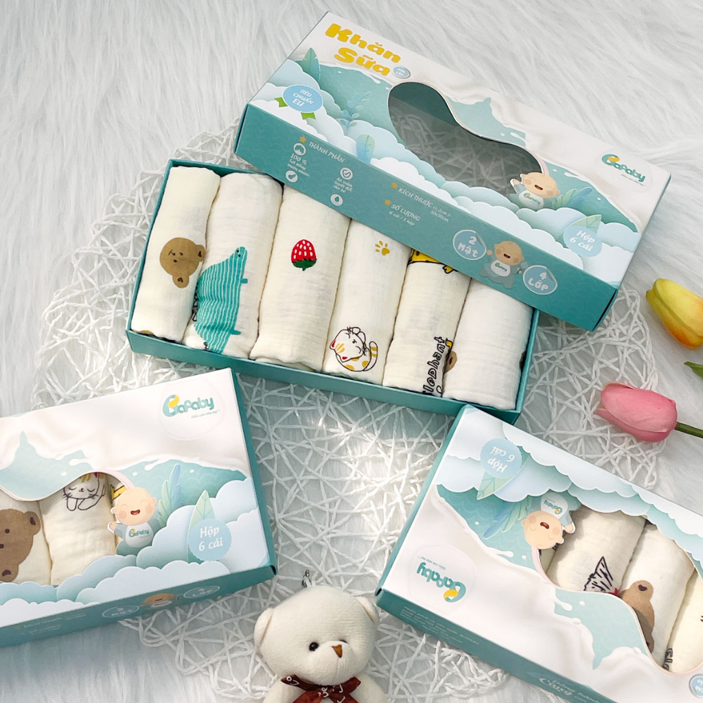 Combo Khăn Sữa Cho Bé Khăn Xô Muslin 2 4 Lớp Siêu Thấm Hút Họa Tiết Cute An Toàn Da Bé - 330C