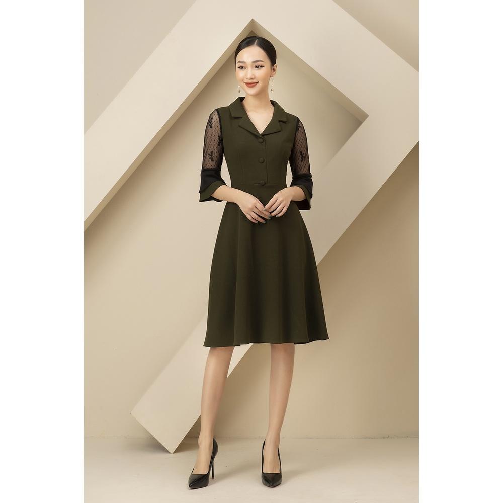 Đầm Nữ Công Sở LUPERI LFV398 Dáng Xòe Cổ Ve Phối Ren Cao Cấp