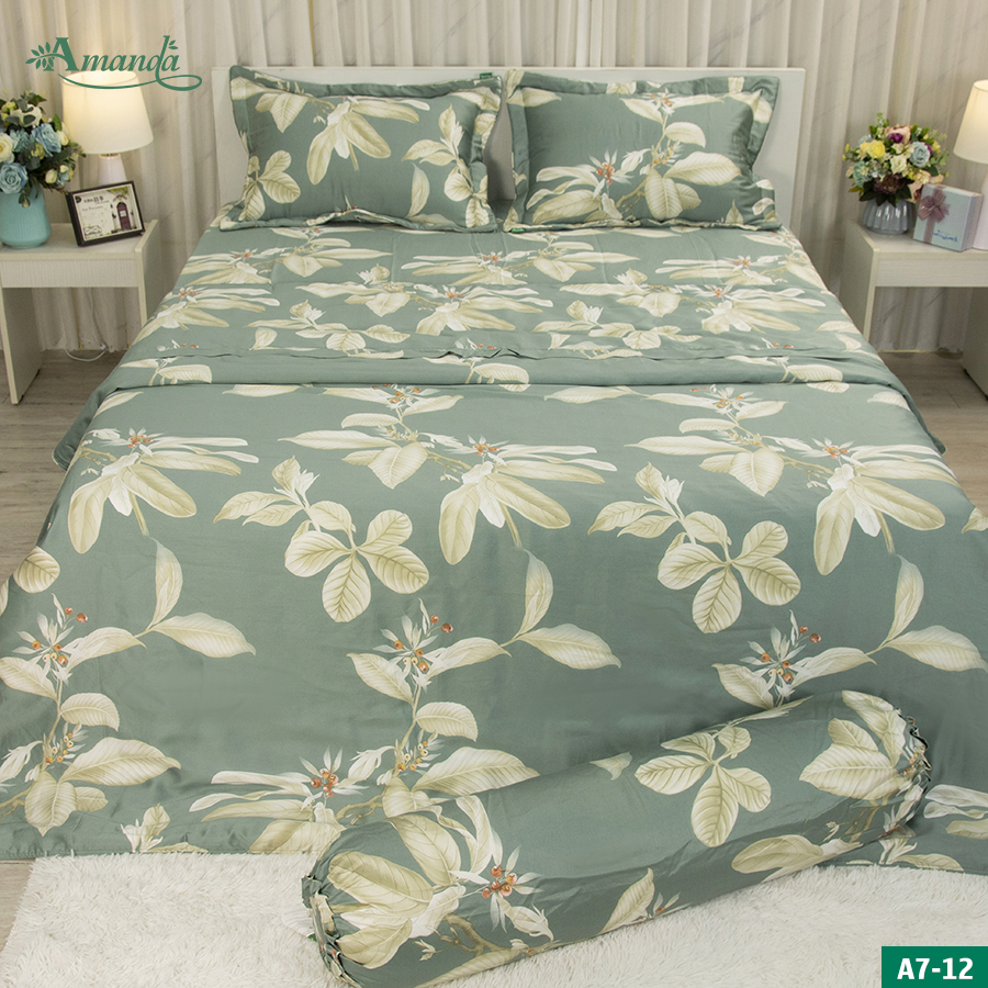 Bộ chăn drap tencel tơ tằm họa tiết cao cấp Amanda