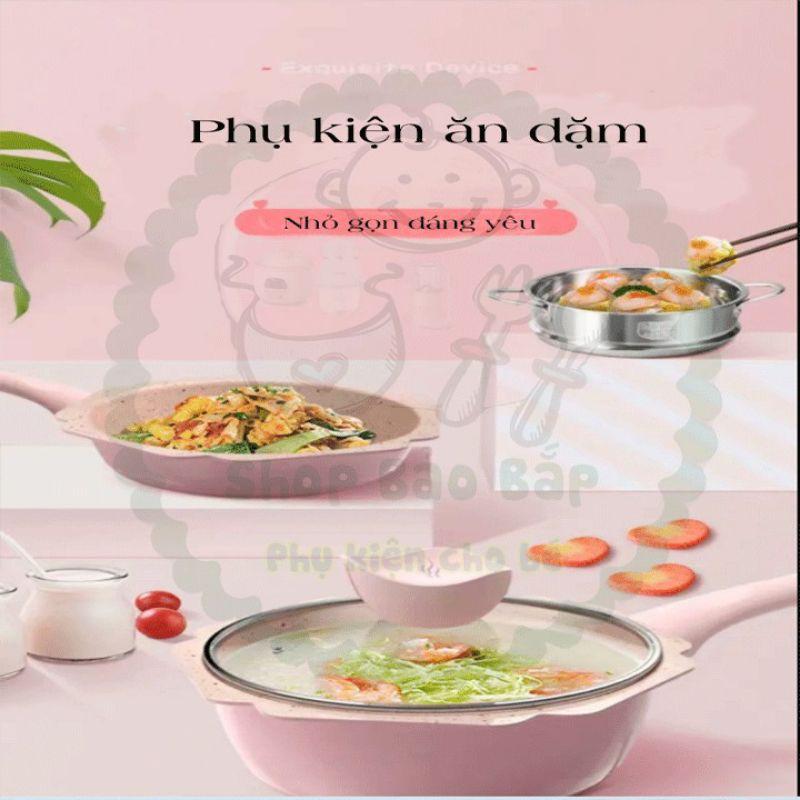 Bộ nồi chảo đá hình hoa cao cấp,chống dính kèm lồng hấp chế biến đồ ăn dặm cho bé