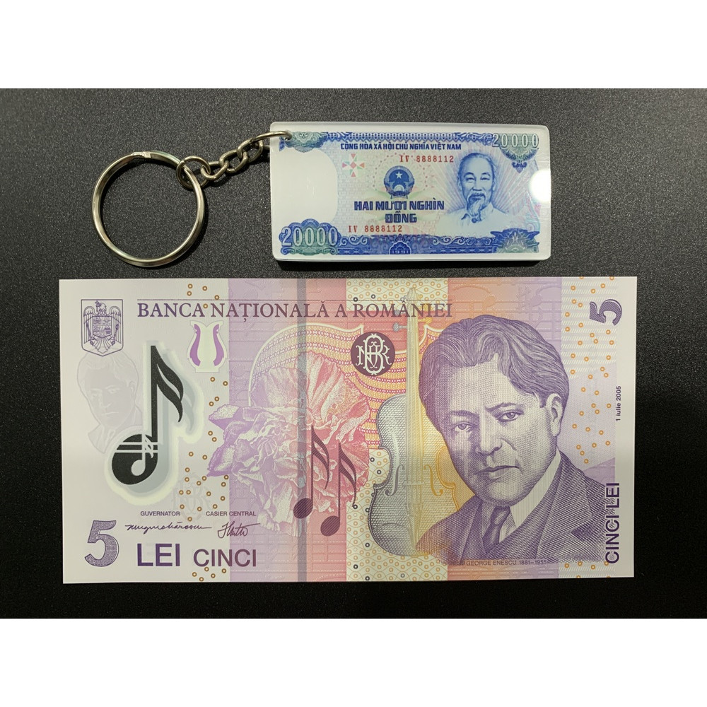 [Kèm móc khóa tiền xưa] Tờ tiền polyme Romania 5 Lei sưu tầm cực đẹp