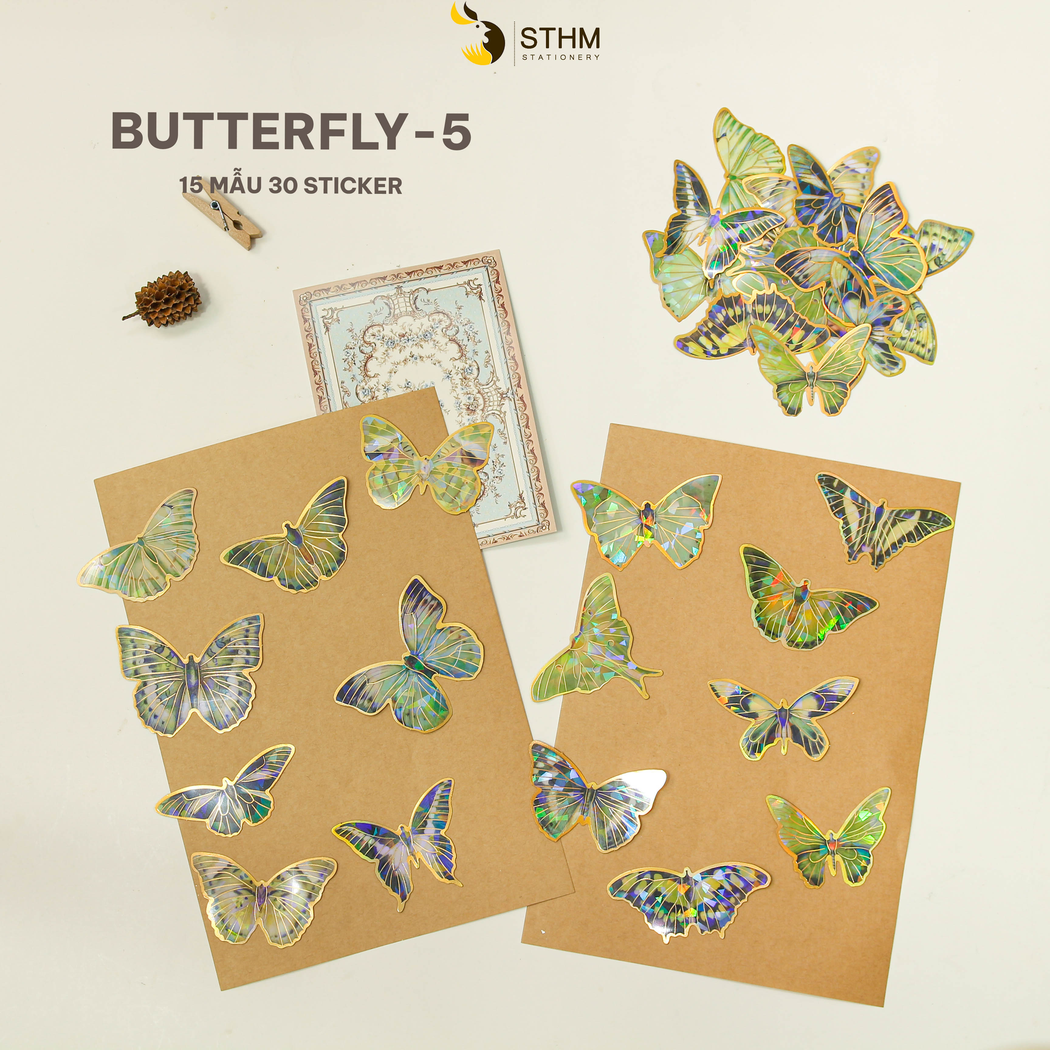 Sticker xấp 40 tờ - 20 mẫu có ánh kim - Phụ kiện trang trí sổ tay vintage - STHM stationery