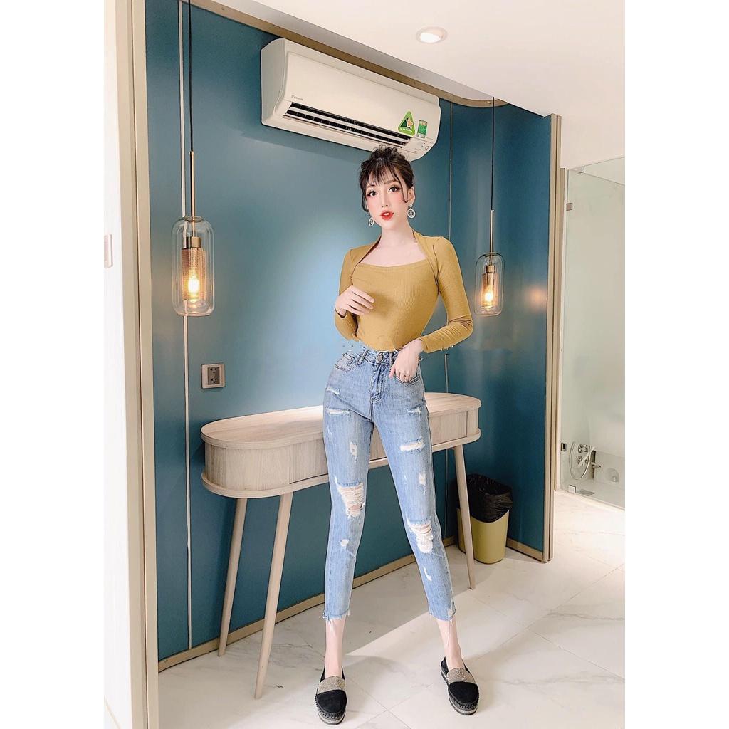 Quần jean 9 TẤC BIGSIZE Lưng cao, Rách kiểu, màu xanh nhạt, co dãn mạnh rẻ đẹp dành cho người béo Hottrend Moliruan