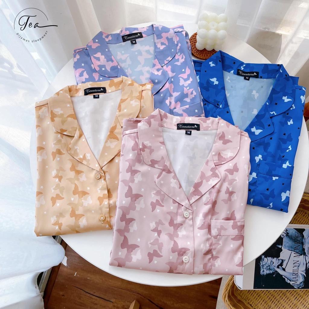 Bộ Mặc Nhà Pyjama Lụa Cao Cấp Tea Store Tay Dài Quần Dài Họa Tiết Cánh Bướm Xanh 2022