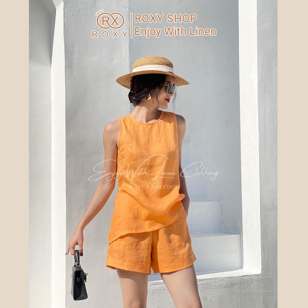 Set Bộ Đồ Nữ Linen Sát Nách Roxy, Dáng Yếm Nút Xẻ Sau Trẻ Trung Năng Động
