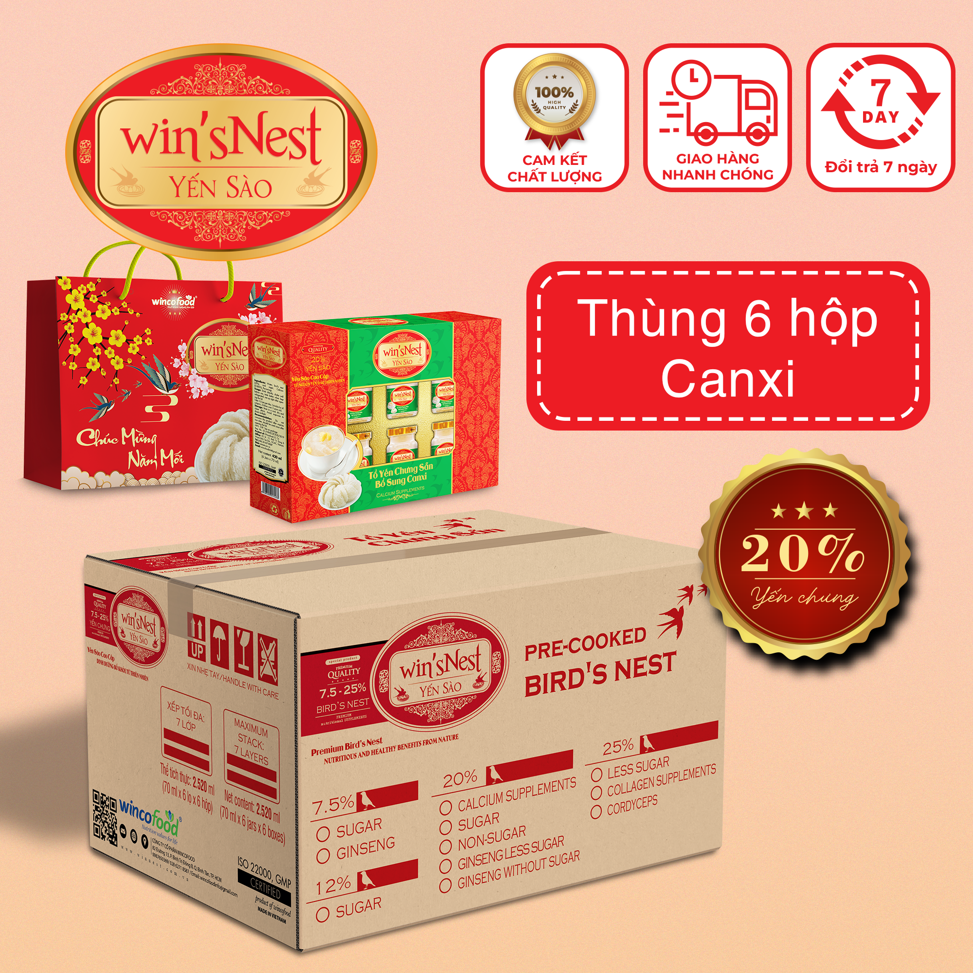 (Thùng Yến Xuân) 06 hộp Yến Sào win'sNest Tổ Yến Chưng Sẵn 20% Bổ Sung Canxi (6 Lọ/Hộp) kèm túi xuân