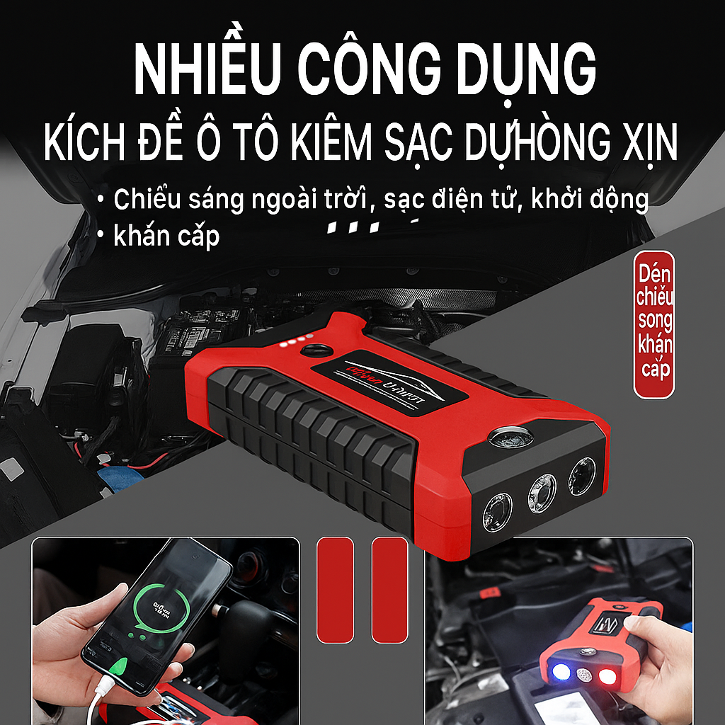 Bộ Kích Đề Nổ Ô Tô Loại Xịn 3 Trong 1 Hàng Nhật– Kích Nổ, Sạc Dự Phòng, Đèn Pijn Siêu Sáng Đa Năng, đèn trang trí