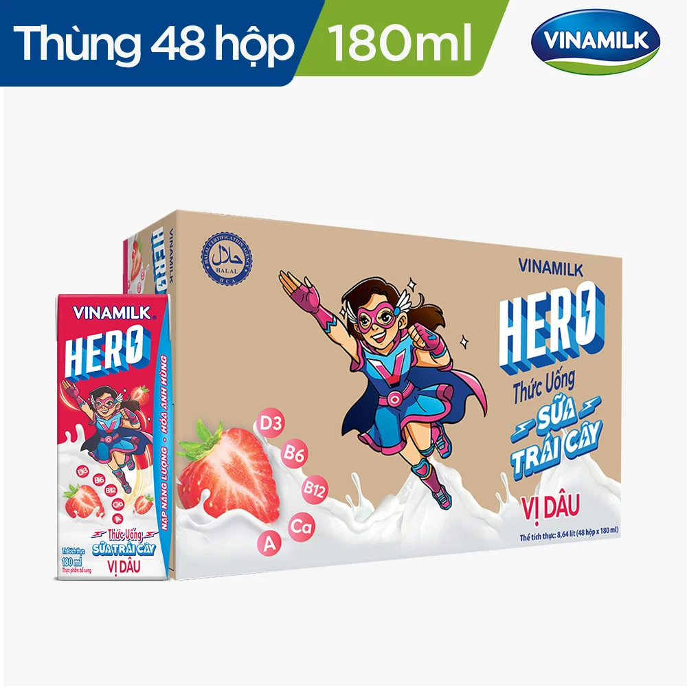 THỨC UỐNG SỮA TRÁI CÂY HERO VỊ DÂU VINAMILK - HỘP X 180ML