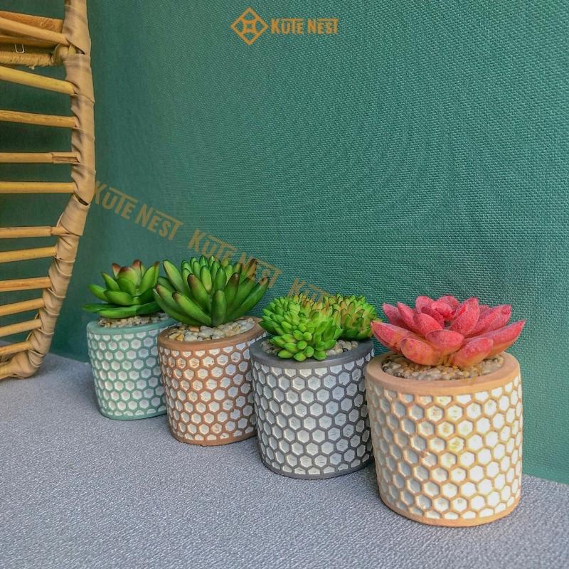 Bộ 4 chậu sen đá trang trí, chậu sen đá mini nhân tạo họa tiết tổ ong dễ thương, trang trí decor quá cafe, bàn làm việc, văn phòng, phòng khách, KT ngang 6cm x cao 8 - 10cm - Kute Nest