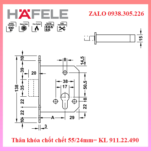 Thân khóa chốt chết 55/24mm= KL Hafele 911.22.490