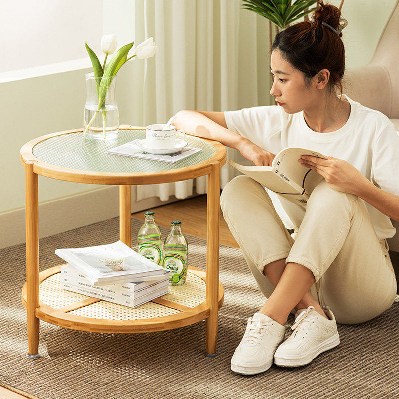 Bàn trà tròn mặt kính 2 tầng bằng tre, bàn sofa, bàn cà phê PR110