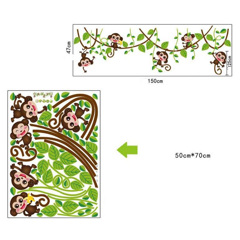 Decal dán tường combo Vườn bách thú + 5 khỉ đu dây