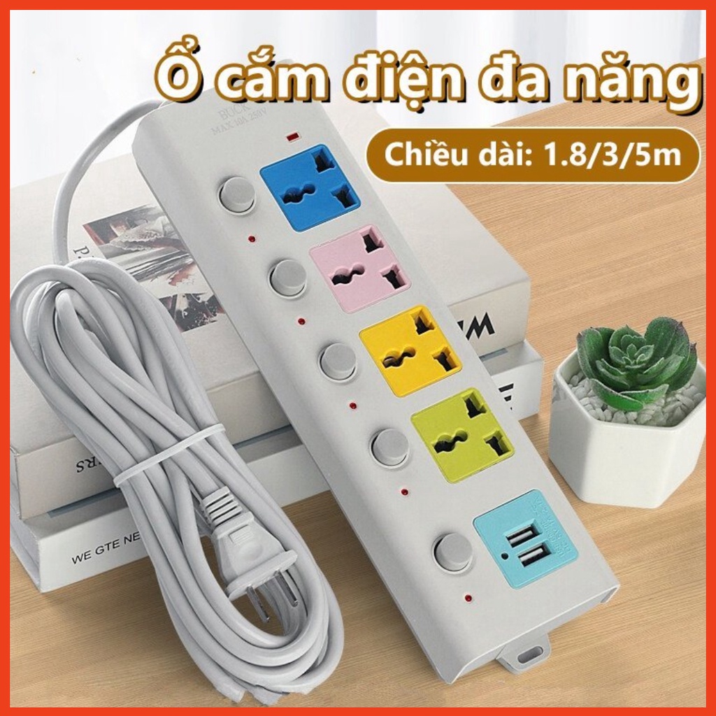 Ổ cắm điện đa năng 7 Cổng Sạc USB 2 Cáp USB 3 Và 5M Dây Cáp Dày Chất Lượng Cao 100% Chính Hãng 2023New