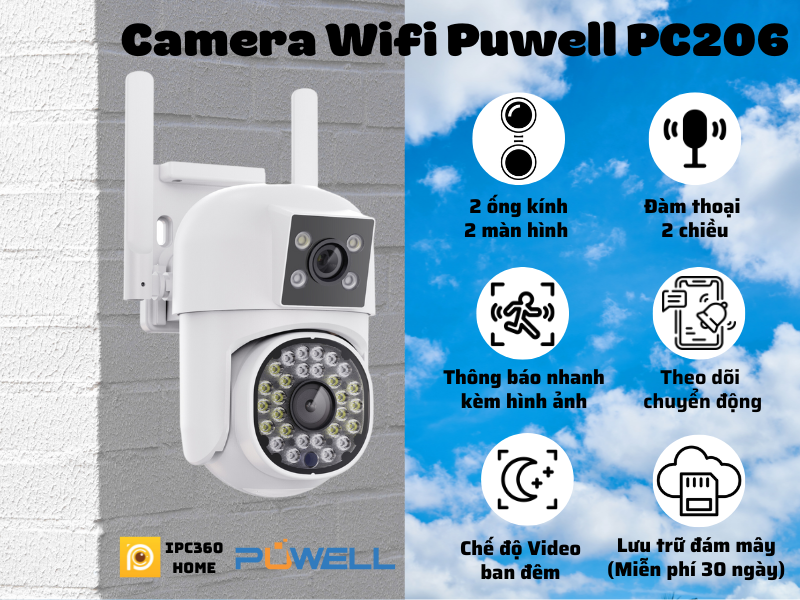 Camera Wifi IPC360 Home PC206, ống kính kép 1080P (FHD), màn hình đôi , chống nước IP66 dùng cho ngoài trời (Hàng nhập khẩu)