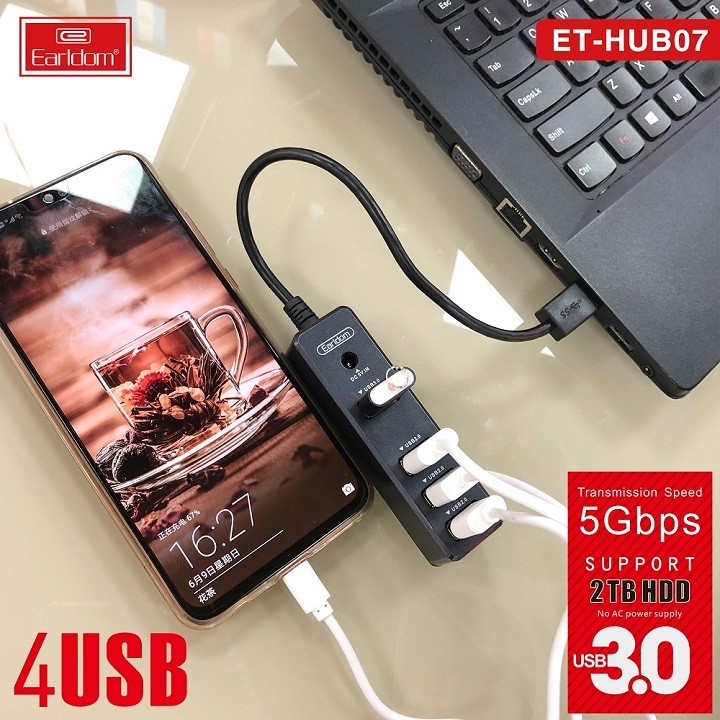 Bộ chia USB 1 ra 1 cổng 3.0 và 3 cổng 2.0 Earldom Hub-07 (Hub USB Earldom) - Hàng Chính Hãng