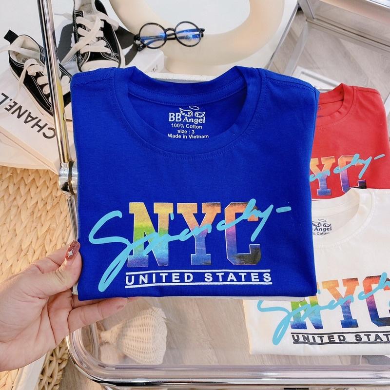 Áo cộc tay cotton bé trai in NYC cao cấp với bốn màu đỏ. trắng. xanh. vàng sz 23-35kg