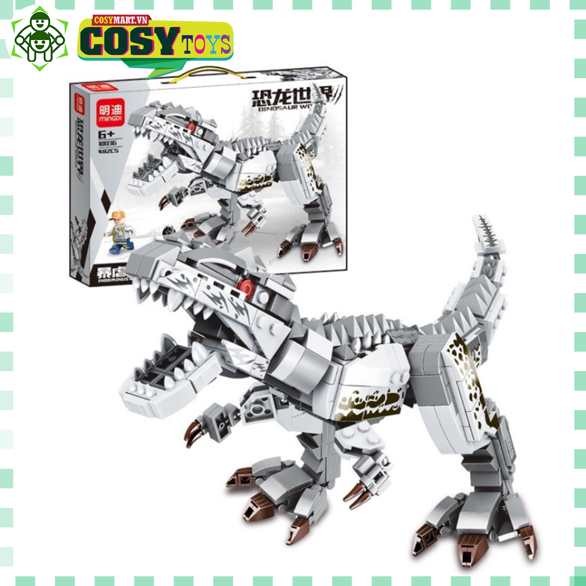 Đồ chơi xếp hình khủng long bạo chúa T-Rex trắng với hơn 482 chi tiết