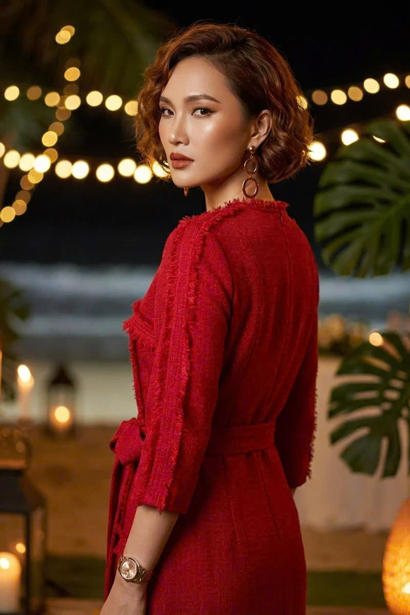 Đầm Suông Tua Rua Tweed Đỏ, Đầm Suông Thắt Eo Thanh Minh thời trang thiết kế Hity Dre201