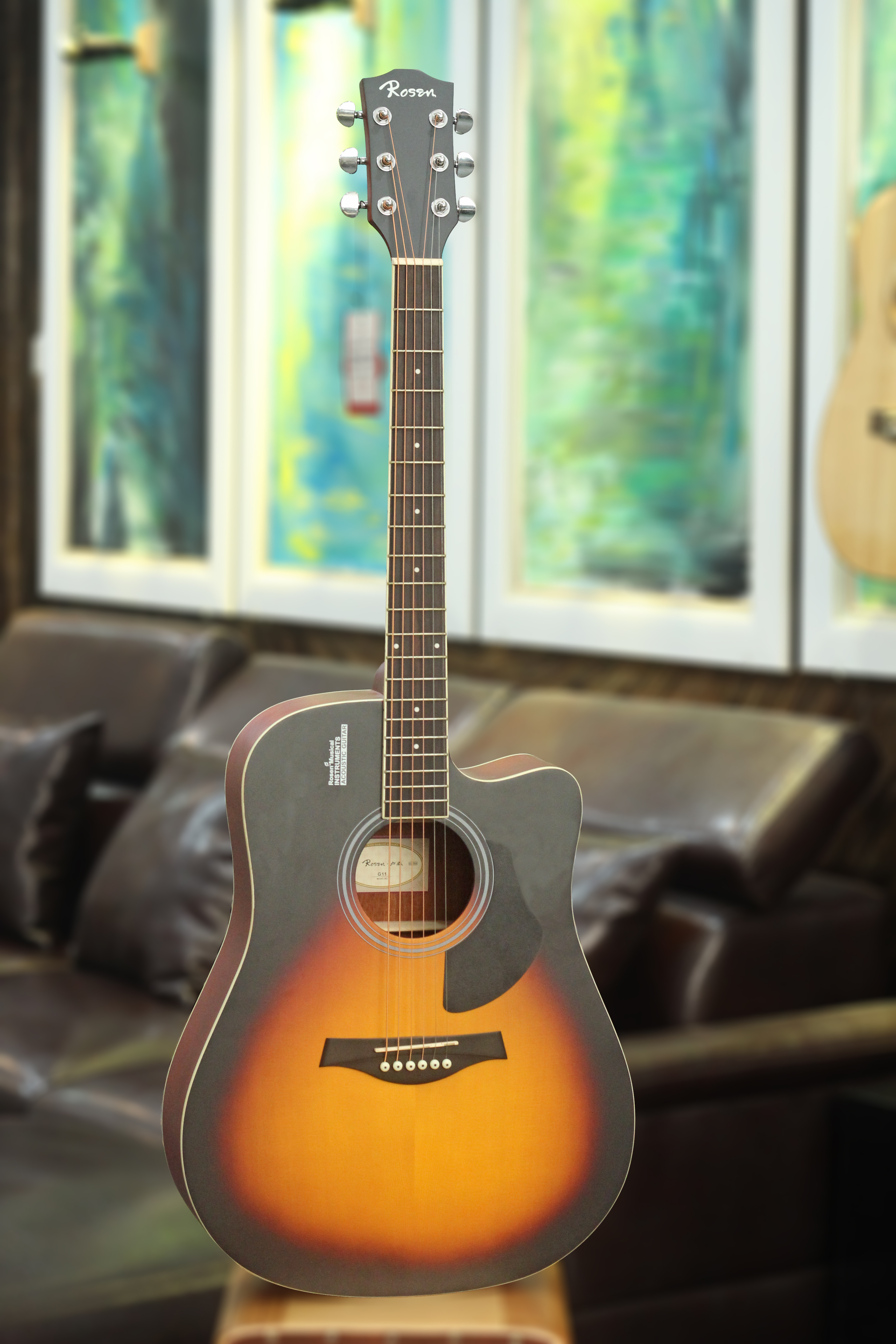 Đàn Guitar Acoustic Rosen Sunburst G11 (Gỗ Thịt- Solid top ) - Màu Vàng Viền Đen,  Size 41 Âm Thanh Tốt