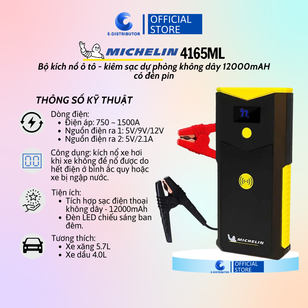 Bộ kích bình ô tô 750A - 1500A chuyên dụng kiêm sạc dự phòng 12000 mAh có đèn pin Michelin 4165ML - Hàng chính hãng