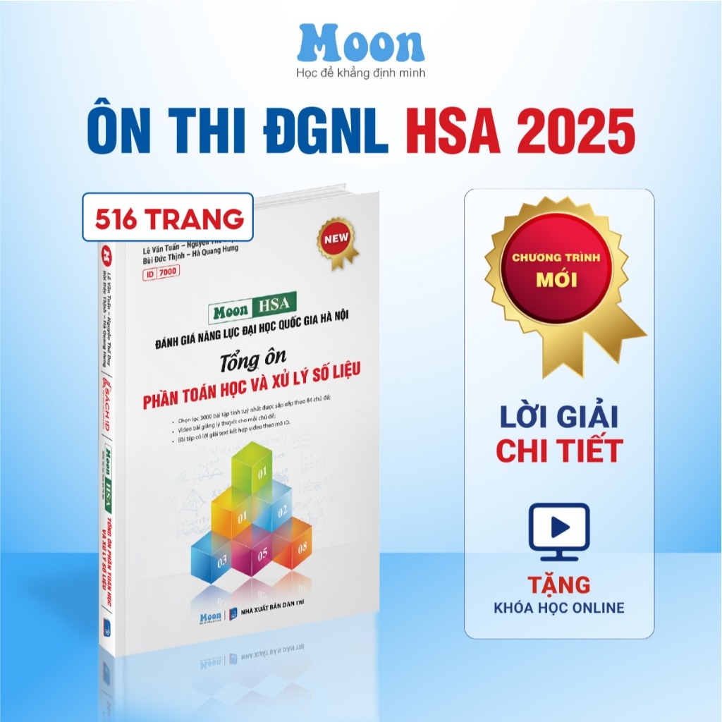 Sách ôn thi đánh giá năng lực Hà Nội HSA 2025 - Tổng ôn phần toán học và xử lý số liệu Moonbook