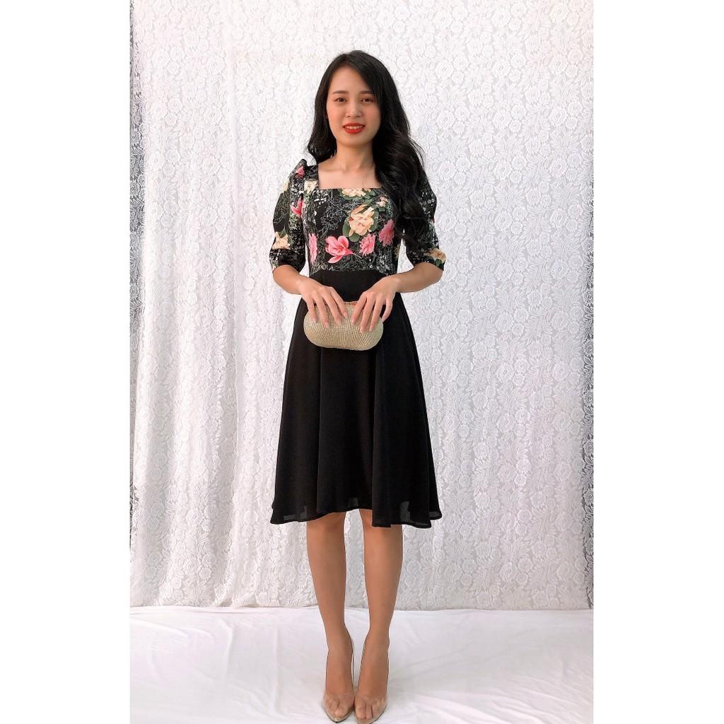 Đầm xòe họa tiết hoa tay lửng