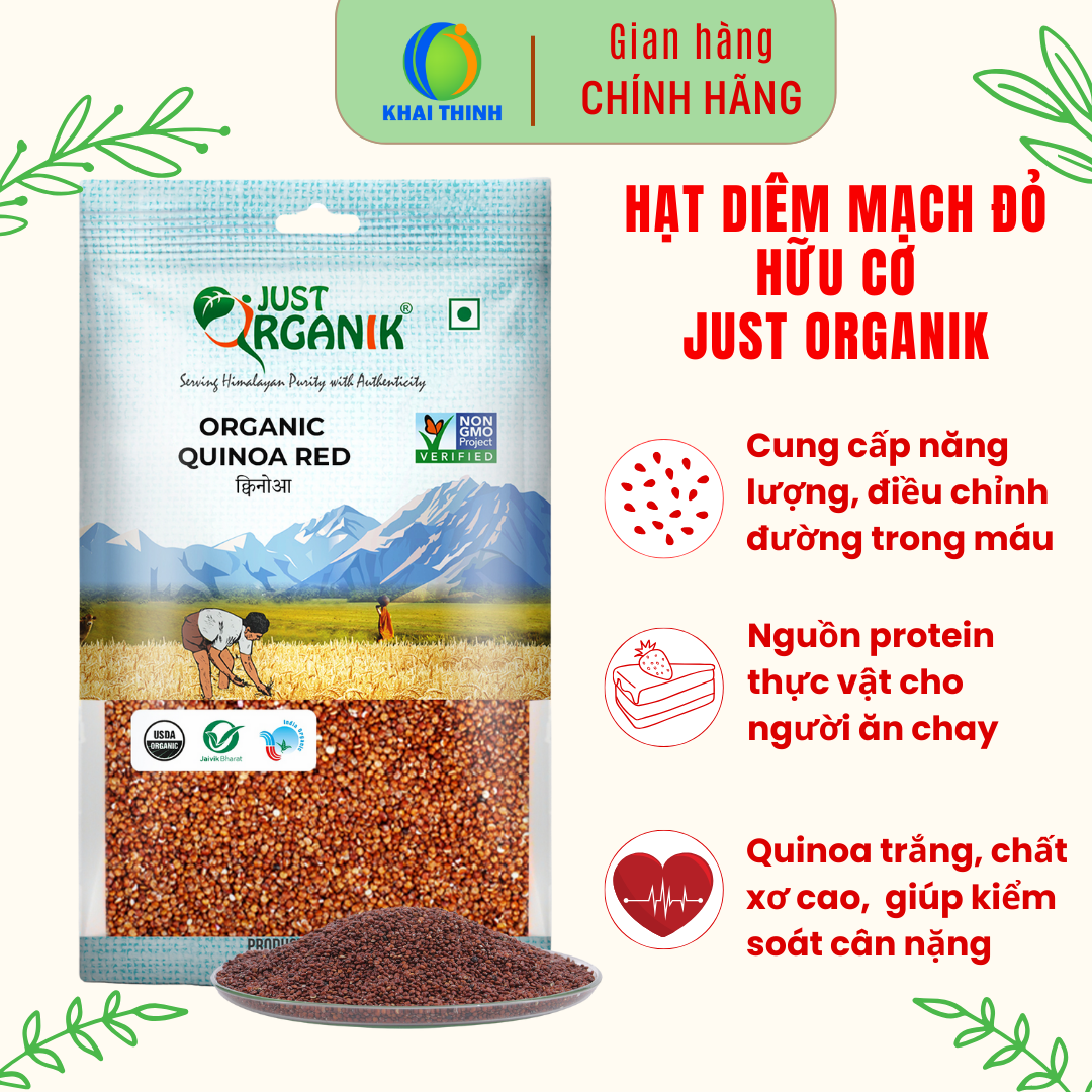 Hạt Diêm Mạch Đỏ Hữu Cơ Quinoa Just Organik Nhập Khẩu Ấn Độ Cho Bé Ăn Dặm Nguyên Liệu Làm Ngũ Cốc Ăn Kiêng 500g