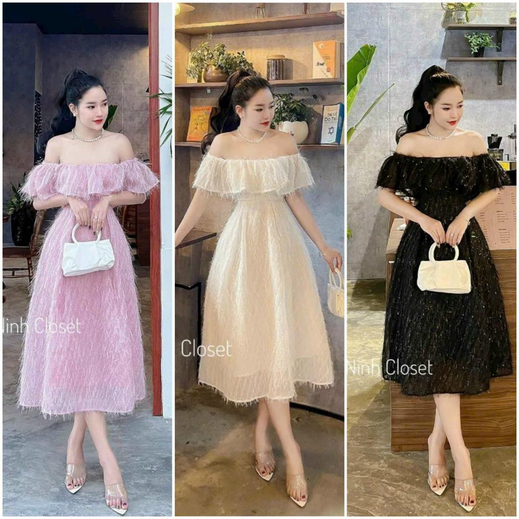Đầm xoè lông vũ dự tiệc trễ vai bèo ngực cao cấp