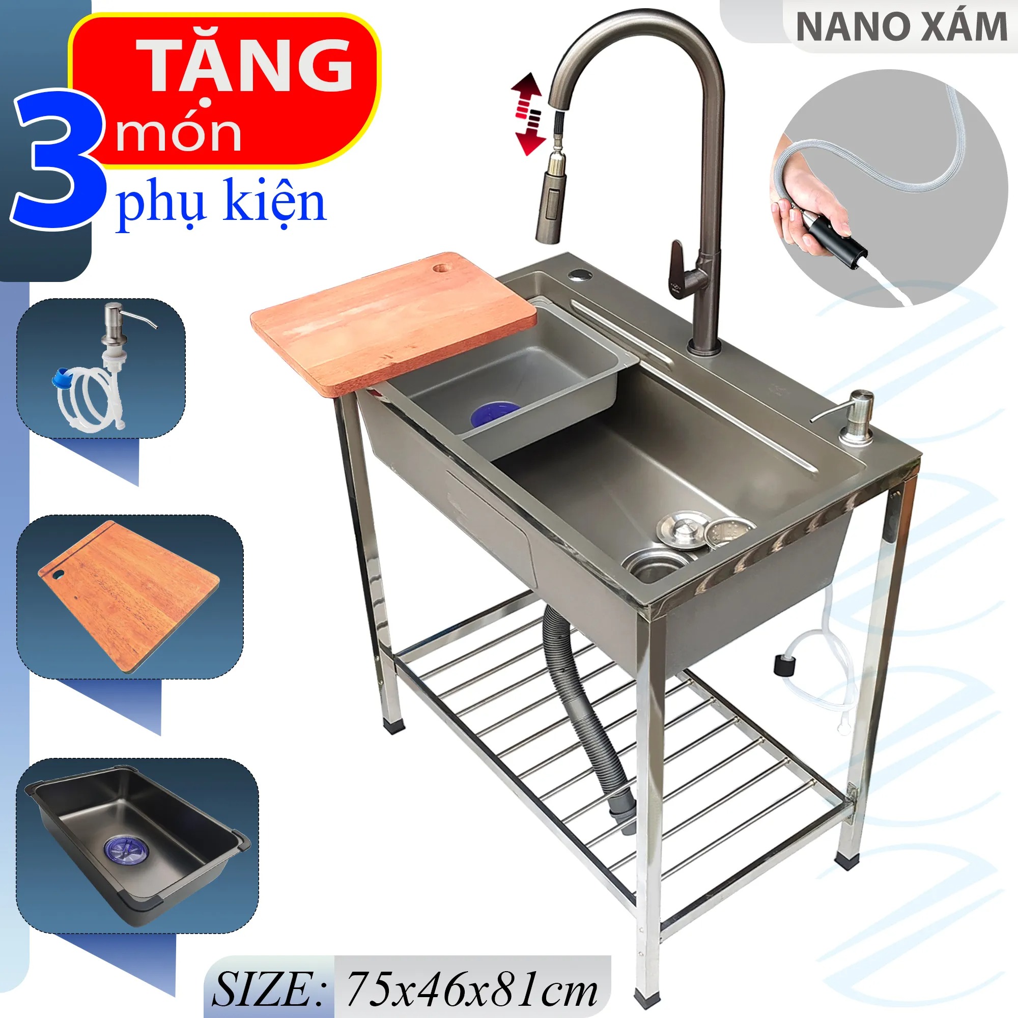Bộ Chậu Rửa Chén Bát Inox Phủ Nano Có Chân KAZTA Kèm Vòi Nước Lạnh Đầu Dây Rút - Chậu 2 màu đen, xám, tặng Khay inox, thớt gỗ