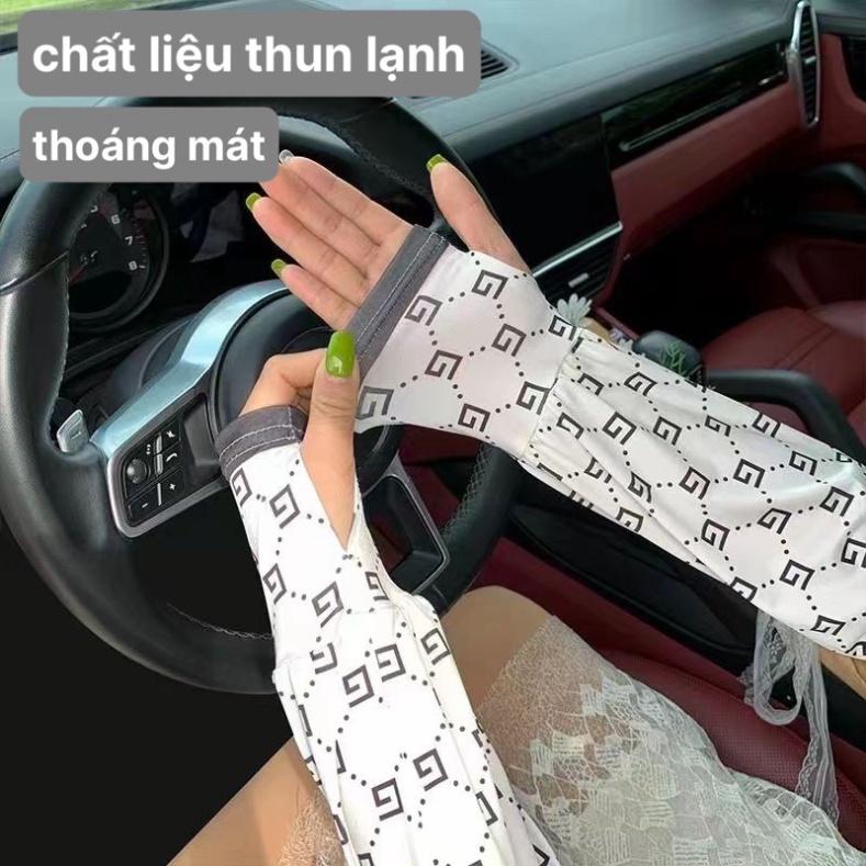 Găng tay chống nắng chống tia UV xỏ ngón dáng rộng vải lụa mát in hoa thời trang - Kanta store