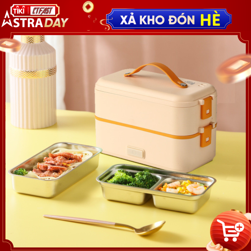 Hộp Cơm Cắm Điện Giữ Nhiệt Văn Phòng Ctfast - A08 Thiết Kế 2 Tầng Tiện Dụng, Chất Liệu Inox 304 Cao Cấp Hỗ Trợ Hấp, Nấu Chín, Làm Nóng Đồ Ăn Nhanh Chóng - Tặng Túi Giữ Nhiệt Cao Cấp - Cam