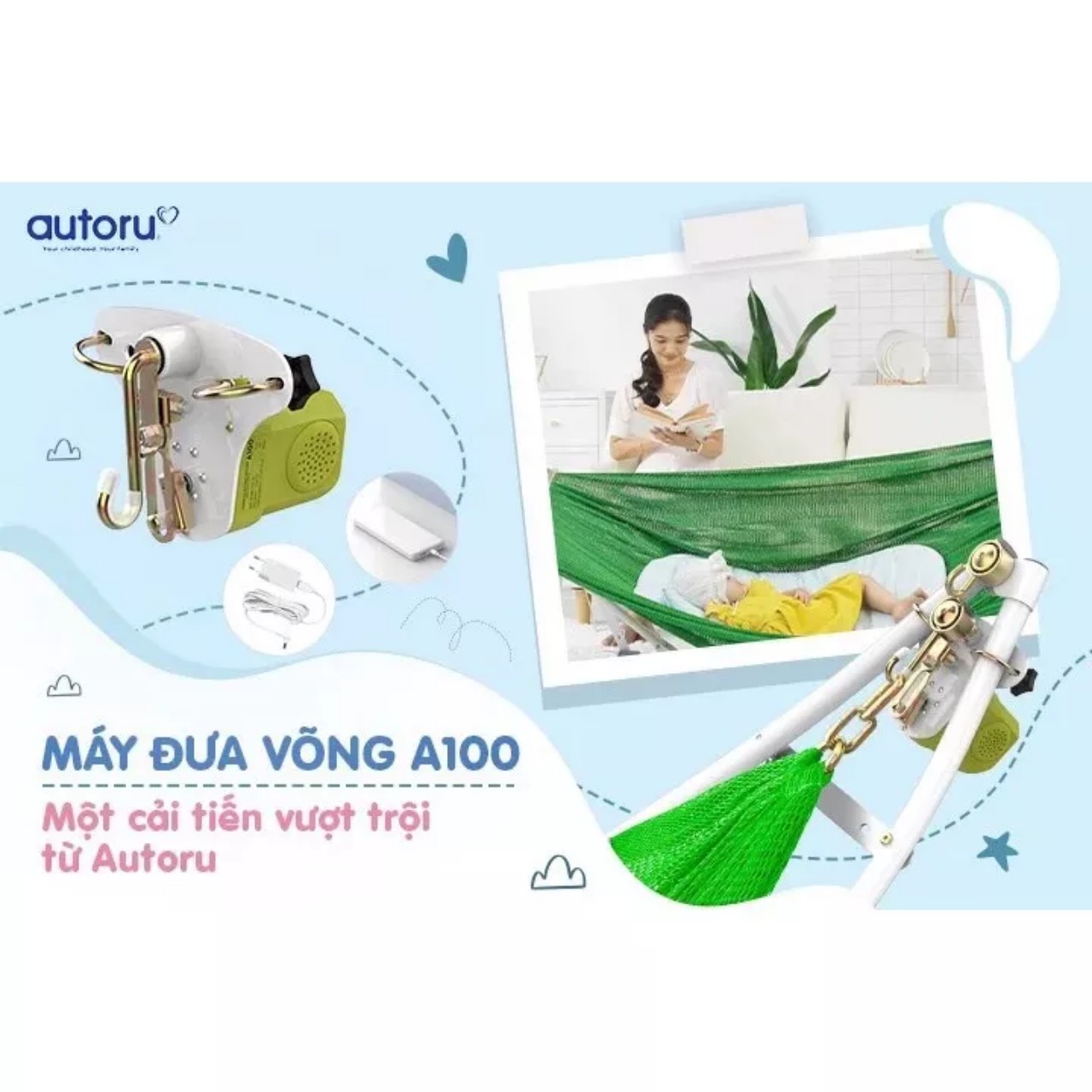 Máy đưa võng tự động Autoru A100 sức đưa 100Kg, sạc dự phòng 5V an toàn thay cho adaptor - mẫu mới 2023