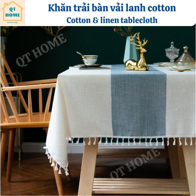 Khăn Trải Bàn Vải Lanh Cotton Sọc Giữa Bàn Thêu Nổi 3 Chiều