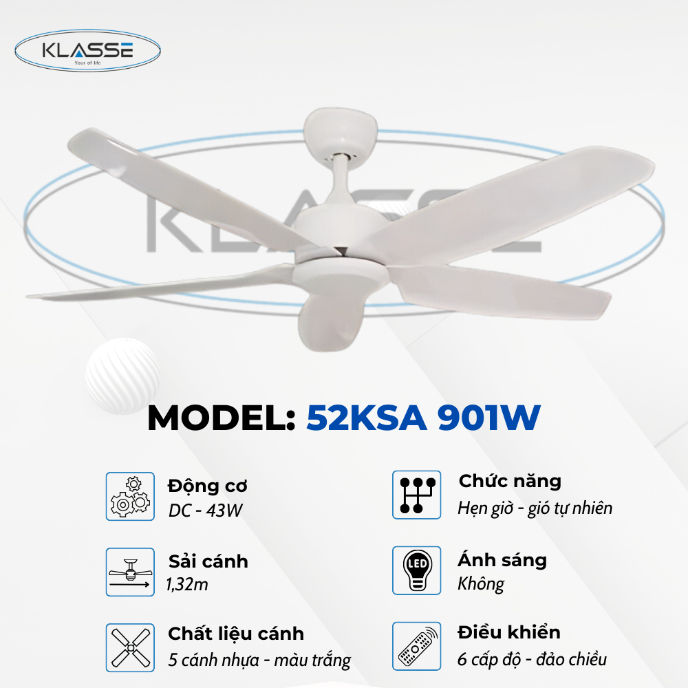 Quạt trần không đèn Klasse 52KSA 901W Hàng chính hãng