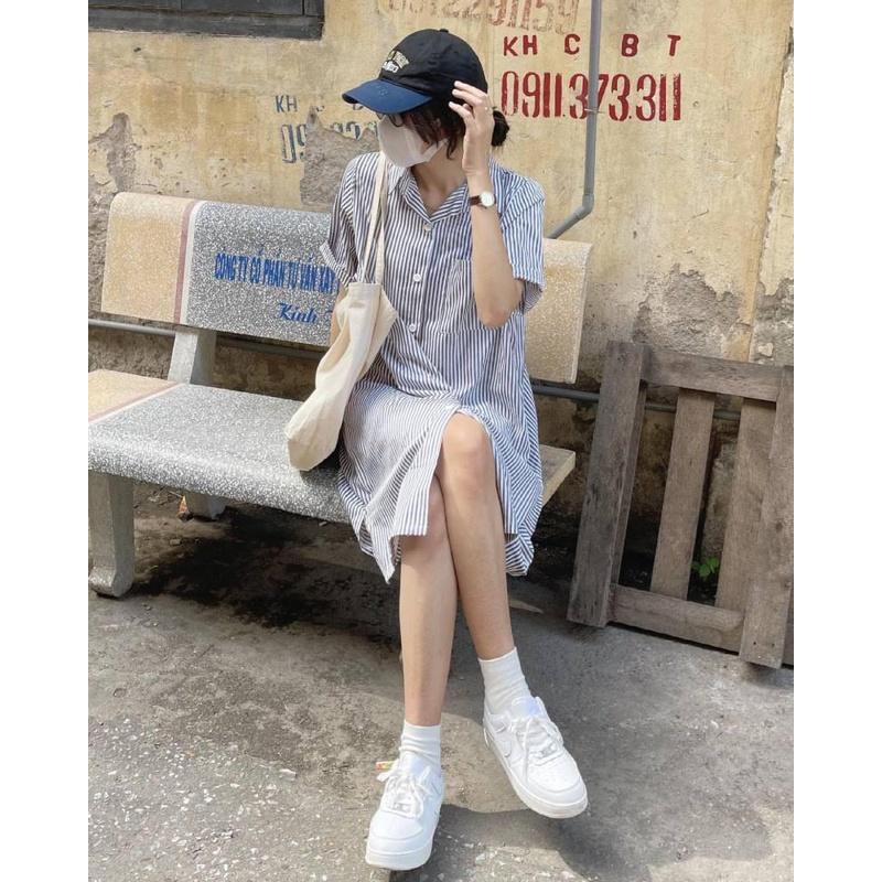 MS804 Váy đầm sơ mi kẻ sọc dáng suông cộc tay