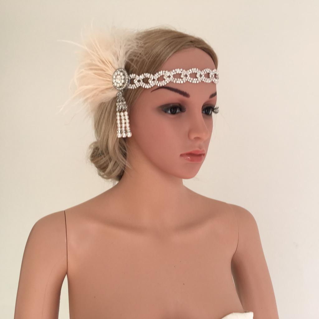 Fascinator Flapper Crystal Pearl Feather Headband Woman Costume Fancy Dress