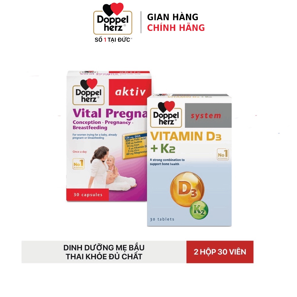 Bộ đôi dưỡng thai bổ sung Vitamin khoáng chất, tăng cường hấp thụ Canxi cho mẹ bầu Vital Pregna + K2 D3 (02 hộp 30 viên)