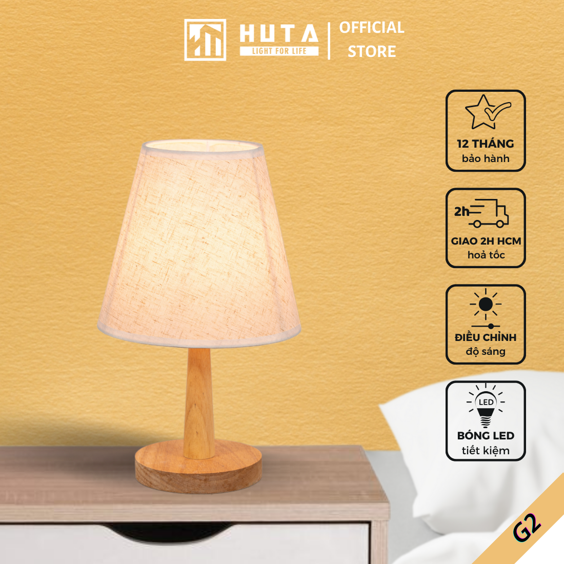 Đèn Ngủ Gỗ HUTA Light For Life G2 Chao Nón Vintage Dễ Thương, Decor Trang Trí Phòng Ngủ, Điều Chỉnh Độ Sáng, Bóng Led Sáng Vàng Tiết Kiệm Điện