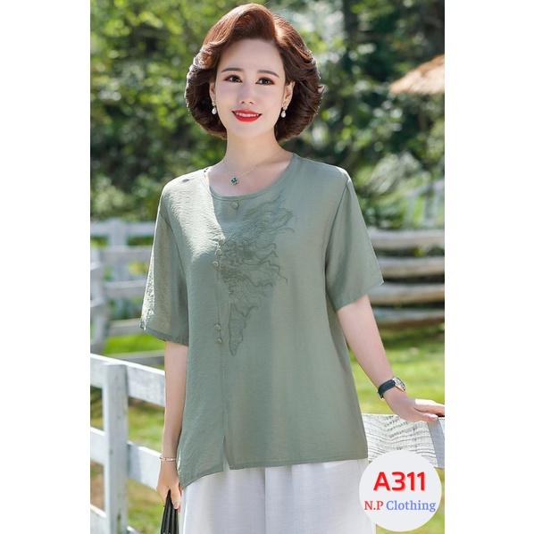 Áo Trung Niên Nữ A311, Kiểu Áo Sơ Mi Trung Niên Cho Mẹ Thêu Hoa Tay Ngắn Cổ Tròn | Thời trang Trung Niên NP Clothing