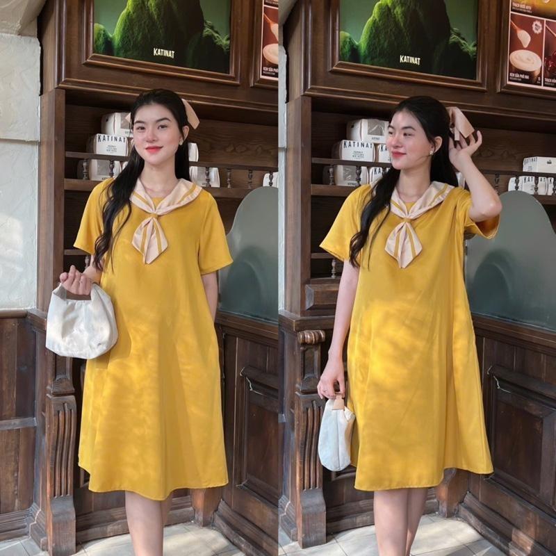 Đầm Bầu Công Sở Vải Trơn Chất Cotton Lạnh Phối Cổ Nơ Dáng Suông Thanh Lịch, Nhẹ Nhàng - Xanh đậu