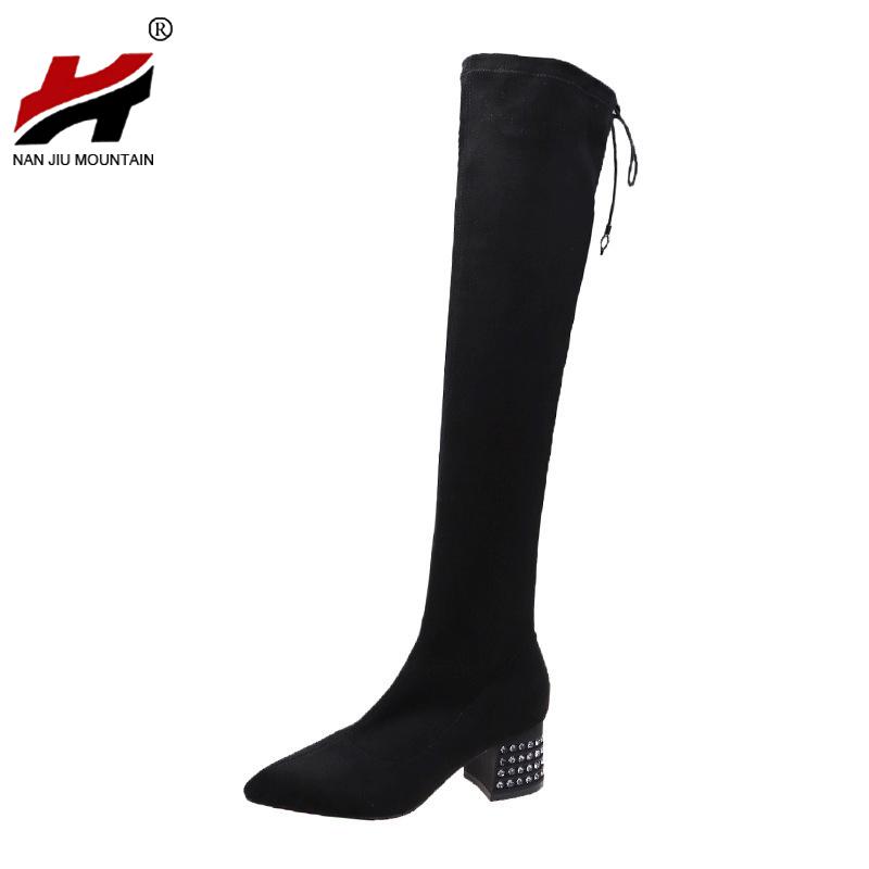 2021 Trên Đầu Gối Giày Giày Bốt Nữ Dày Gót Mũi Nhọn Màu Đen Co Giãn Stovepipe Giày Gợi Cảm Ren Gót Mùa Thu Và Mùa Đông