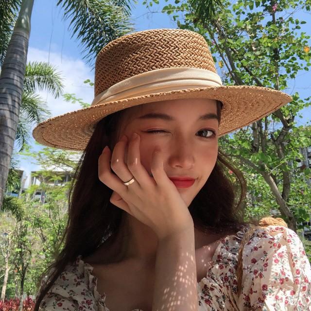 Mũ cói rộng vành tự nhiên cao cấp Gaucho đóng gói hộp to không bị hỏng form đi biển gắn ruy băng xếp nếp siêu sang